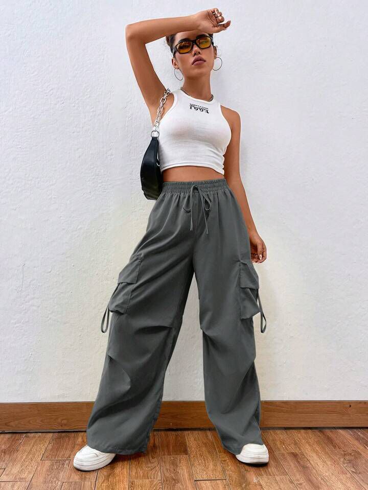 Flap Pocket Side Drawstring Waist Cotton Cargo Trouser