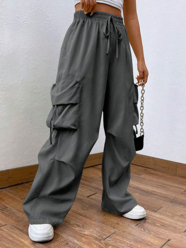 Flap Pocket Side Drawstring Waist Cotton Cargo Trouser