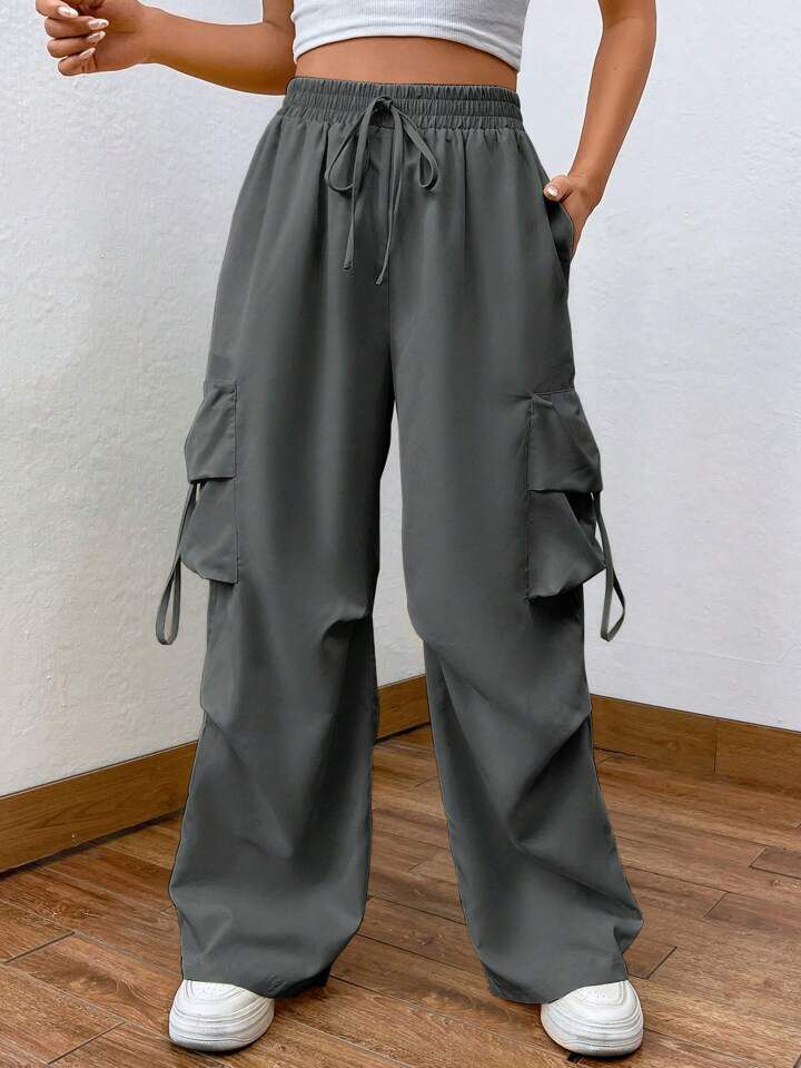 Flap Pocket Side Drawstring Waist Cotton Cargo Trouser