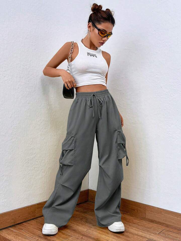 Flap Pocket Side Drawstring Waist Cotton Cargo Trouser