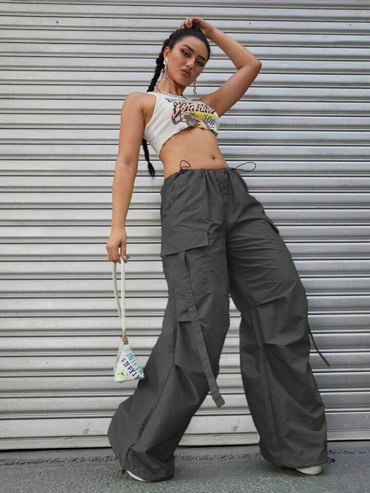 Flap Pocket Side Drawstring Waist Parachute Pant
