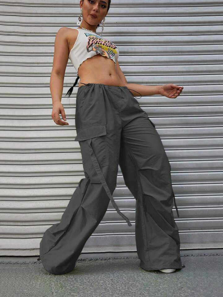 Flap Pocket Side Drawstring Waist Parachute Pant