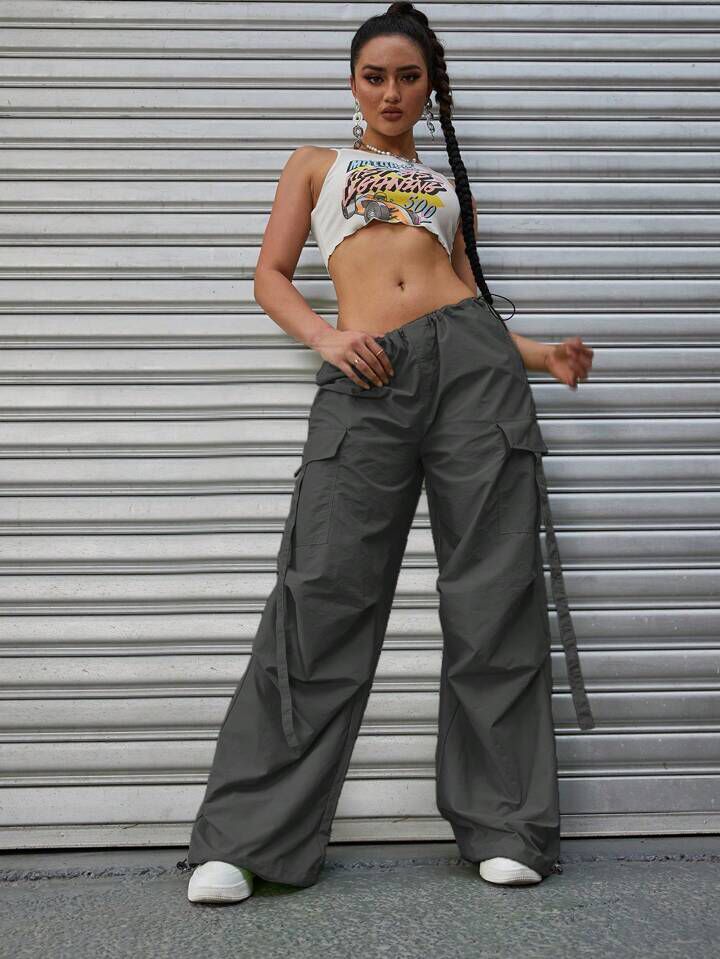 Flap Pocket Side Drawstring Waist Parachute Pant