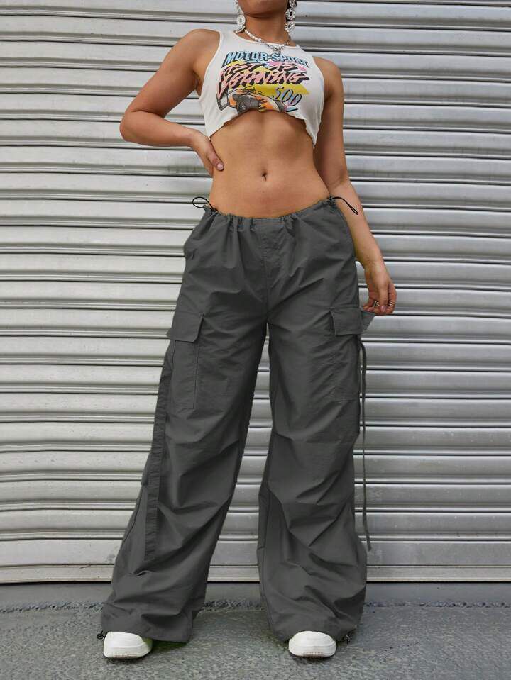 Flap Pocket Side Drawstring Waist Parachute Pant