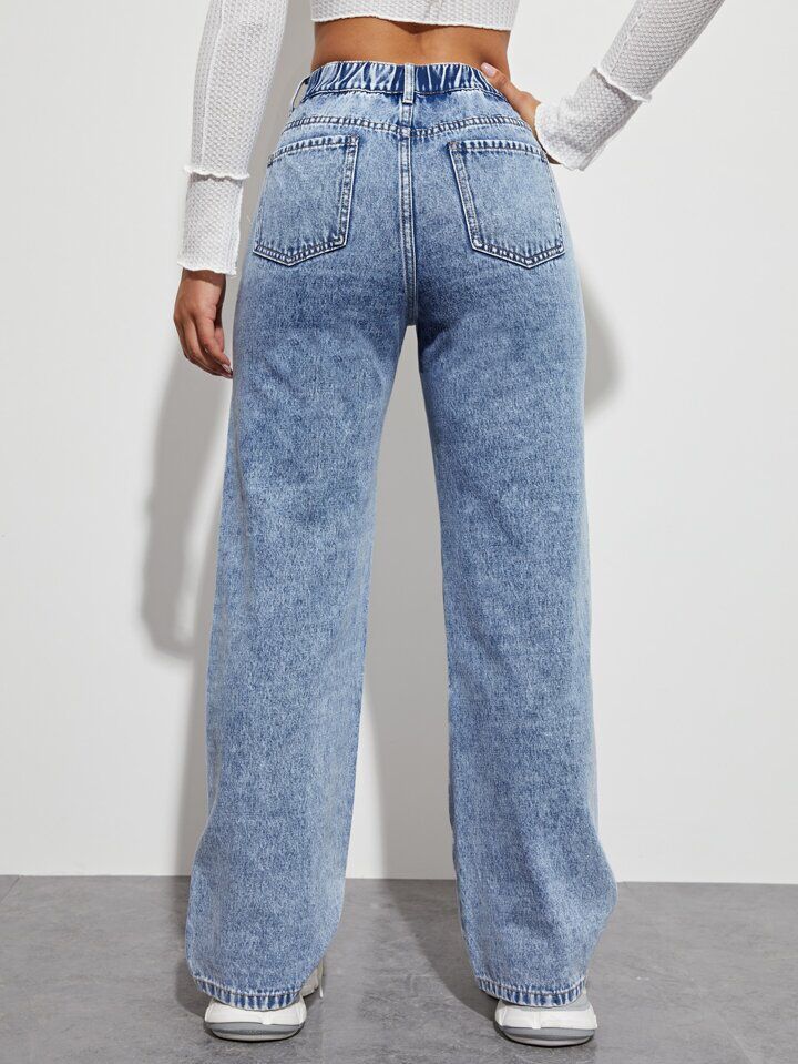 *Best Seller*Writing Printed Wide Leg Light Blue Jeans