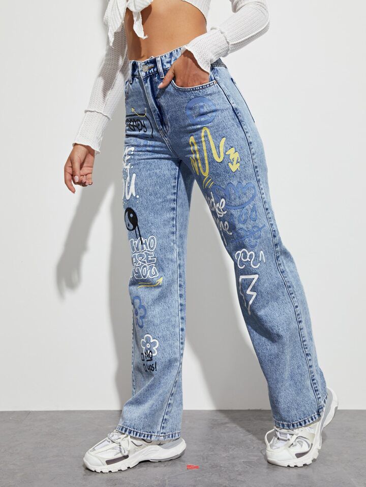 *Best Seller*Writing Printed Wide Leg Light Blue Jeans