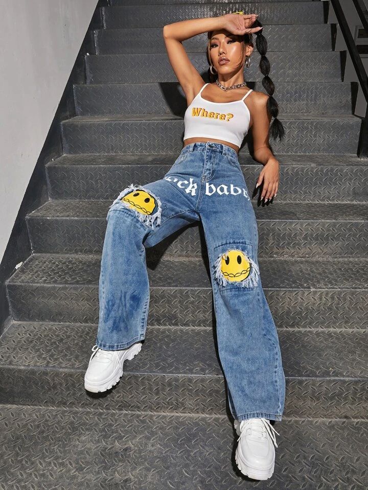 *Best Seller*Smiley Printed Wide Leg Light Blue Jeans