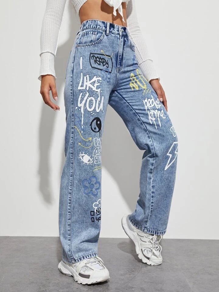 *Best Seller*Writing Printed Wide Leg Light Blue Jeans