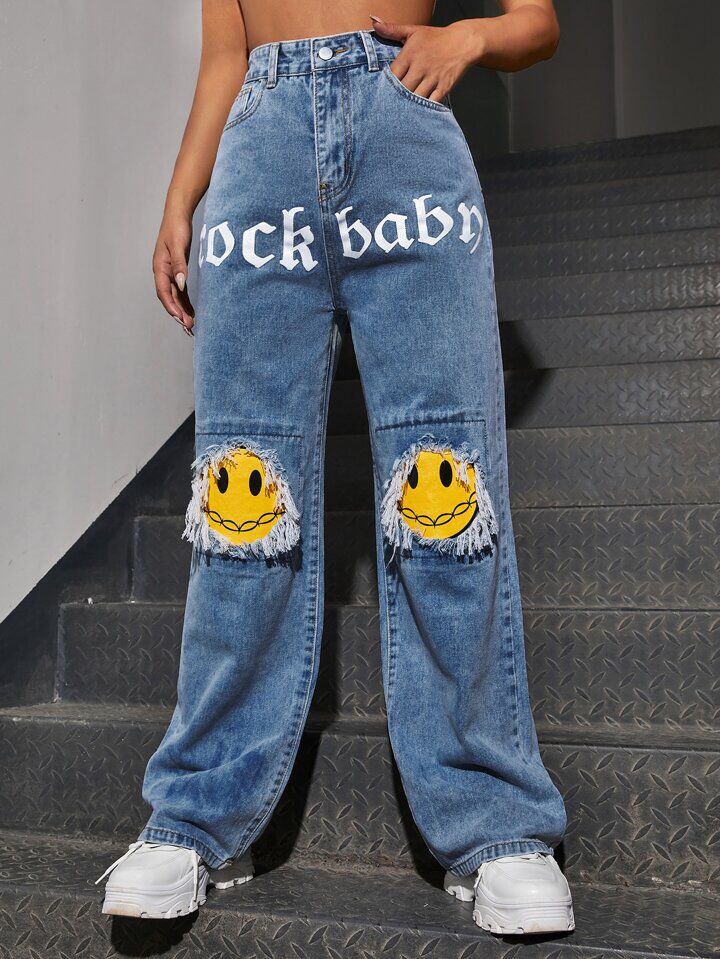 *Best Seller*Smiley Printed Wide Leg Light Blue Jeans