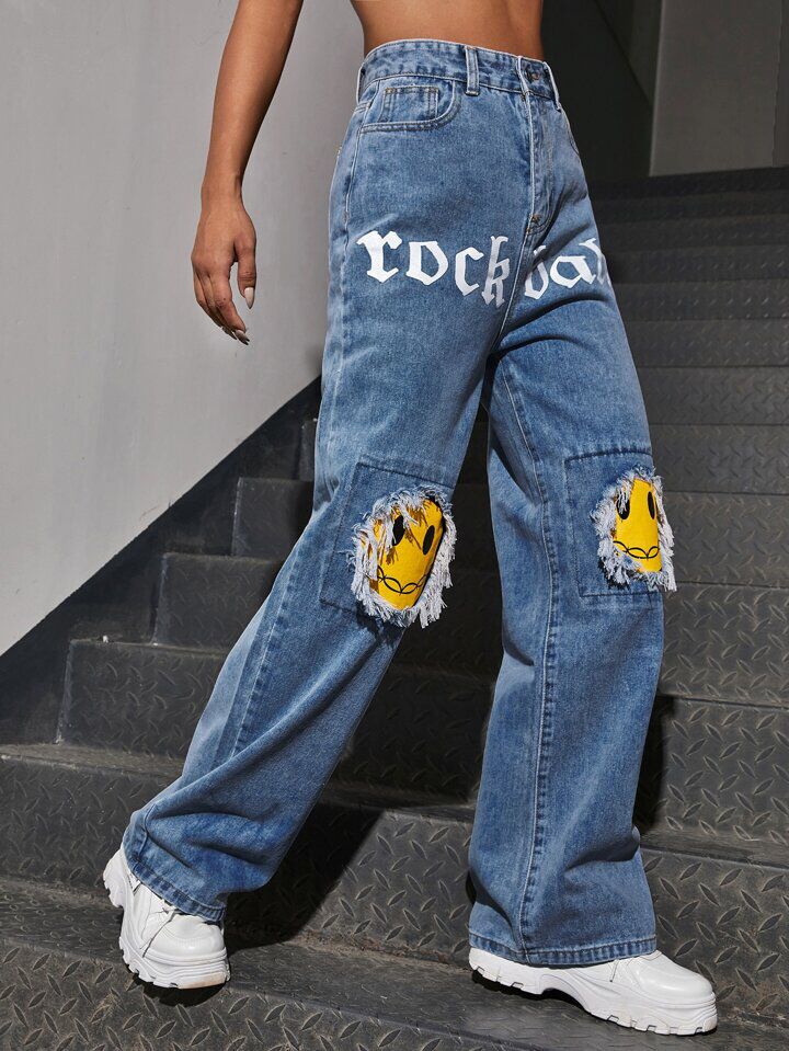 *Best Seller*Smiley Printed Wide Leg Light Blue Jeans