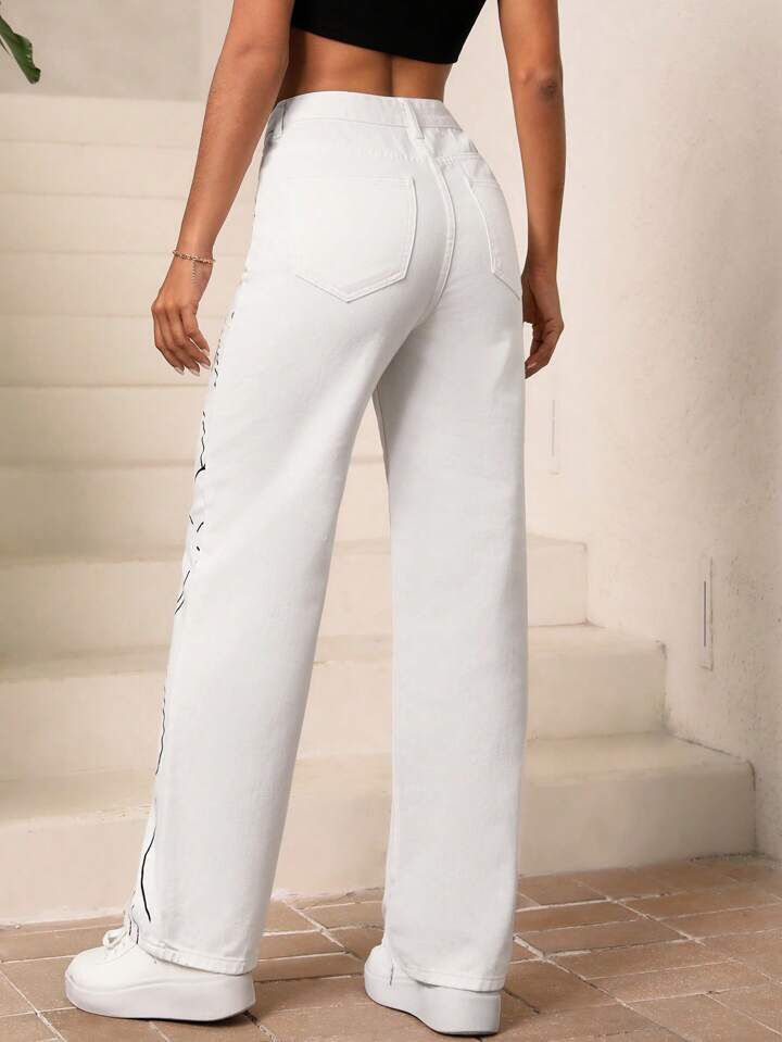 *Best Seller*Faces Printed Wide Leg White Jeans