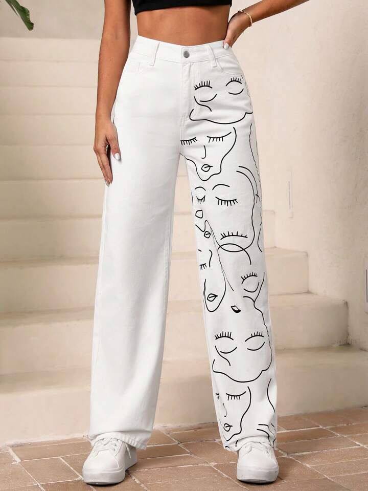 *Best Seller*Faces Printed Wide Leg White Jeans