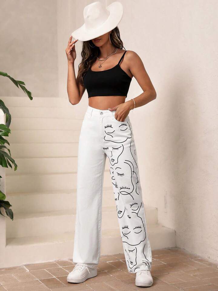 *Best Seller*Faces Printed Wide Leg White Jeans