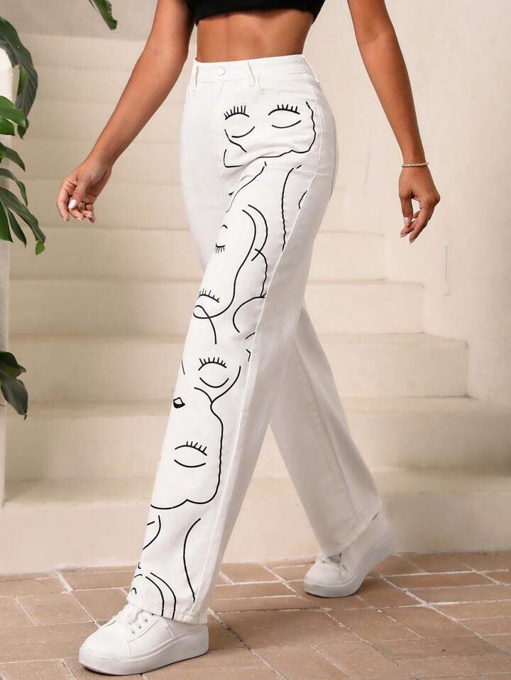 *Best Seller*Faces Printed Wide Leg White Jeans
