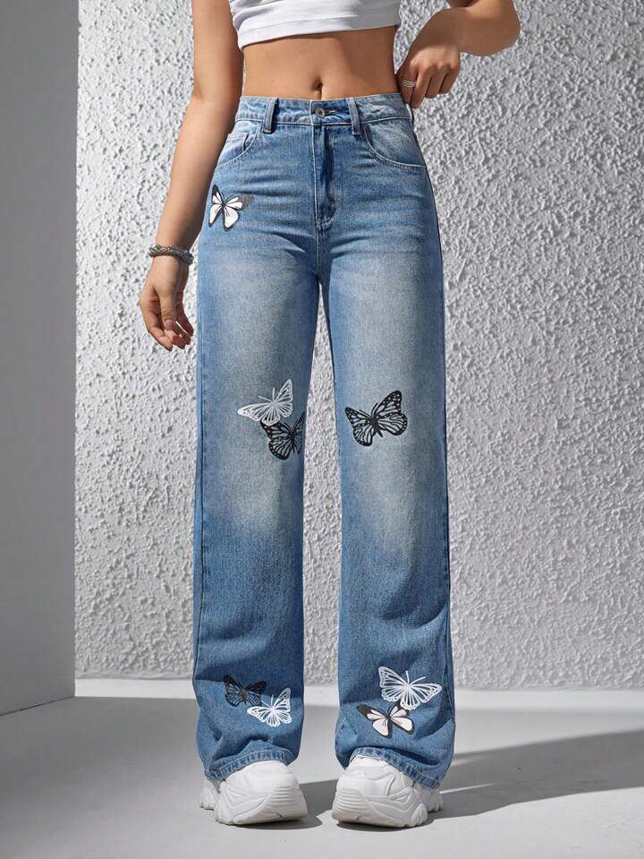 *Best Seller*Butterfly Mini Printed Wide Leg Light Blue Jeans