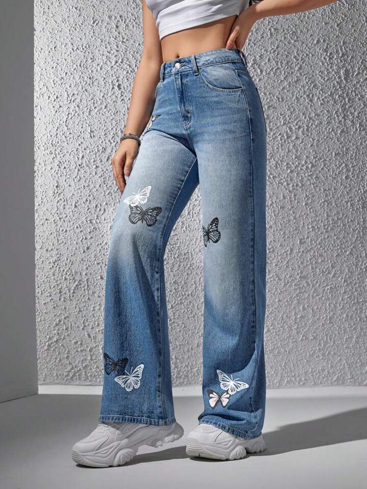 *Best Seller*Butterfly Mini Printed Wide Leg Light Blue Jeans