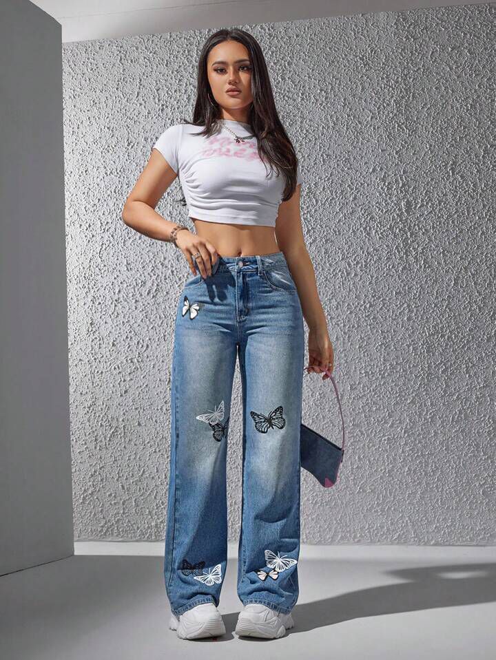 *Best Seller*Butterfly Mini Printed Wide Leg Light Blue Jeans