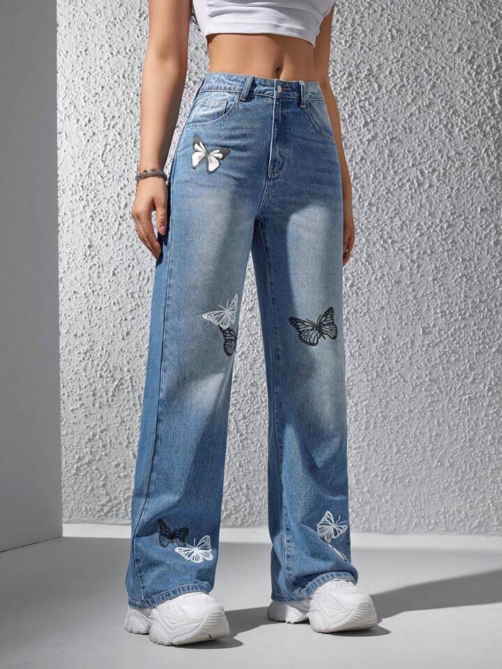*Best Seller*Butterfly Mini Printed Wide Leg Light Blue Jeans