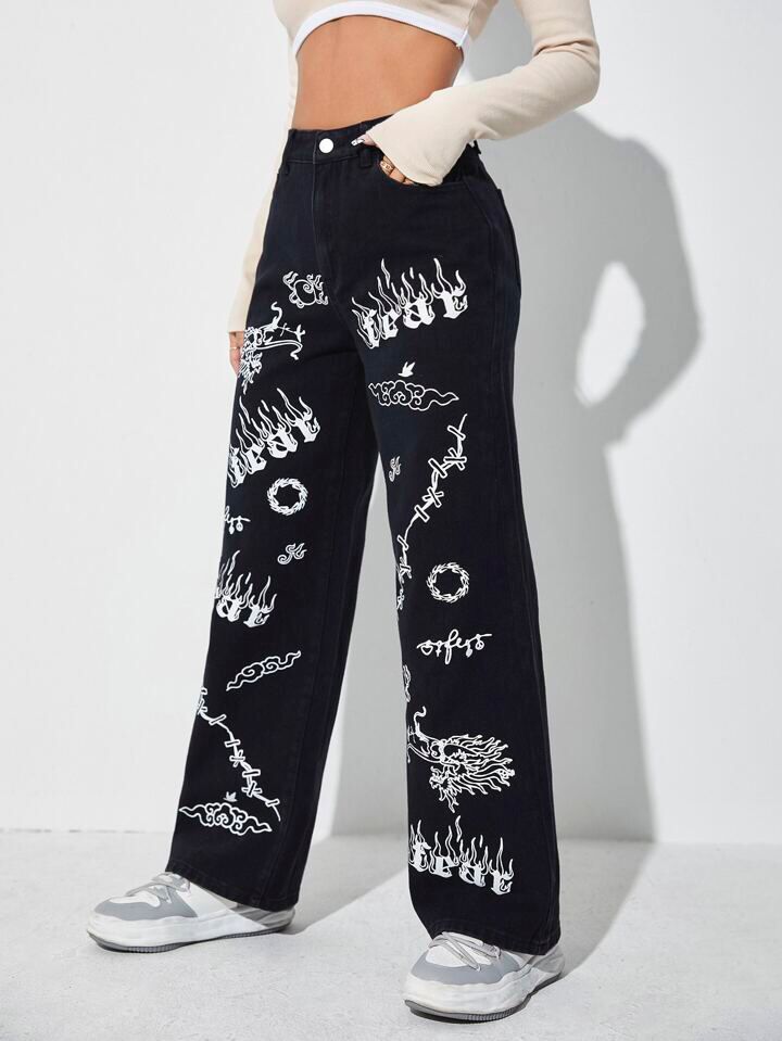 *Best Seller*Mix Printed Wide Leg Black Jeans
