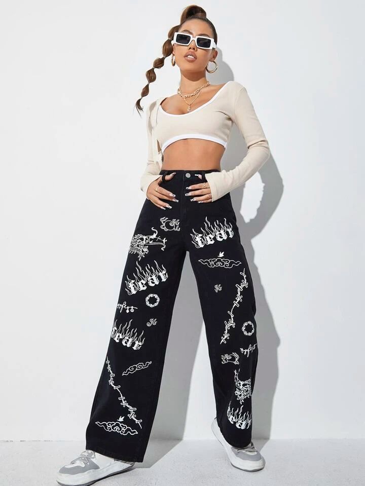 *Best Seller*Mix Printed Wide Leg Black Jeans