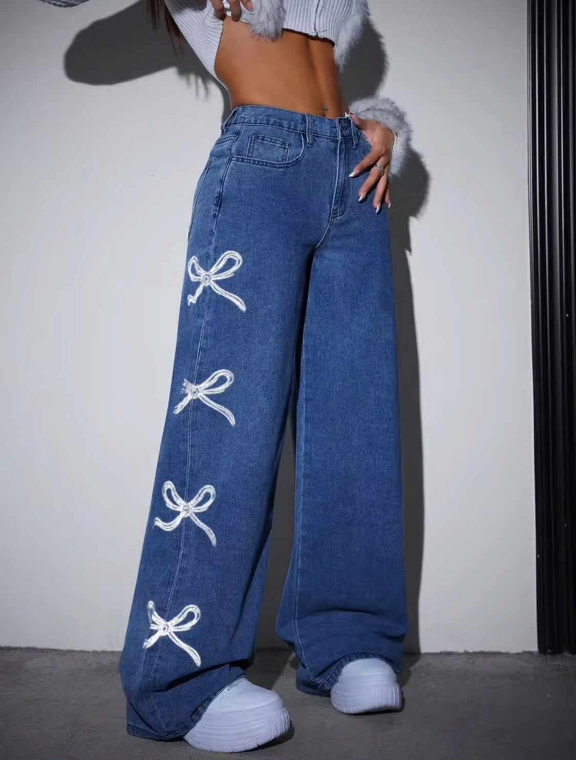*Best Seller*White Bows Printed Blue Jeans