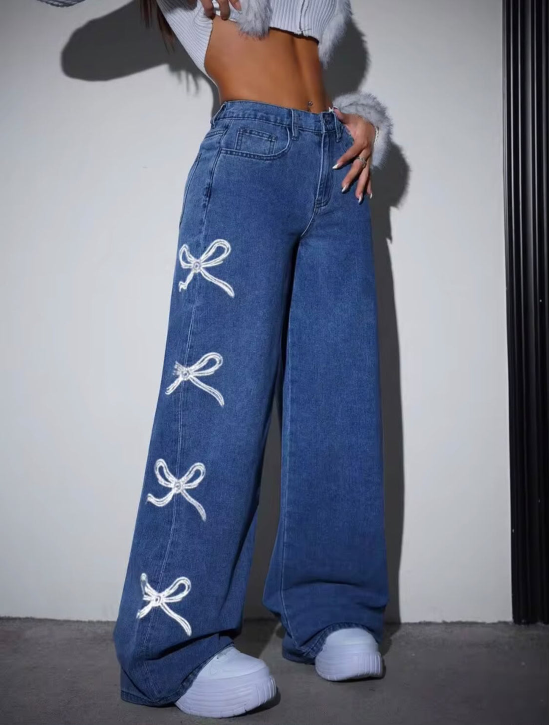 *Best Seller*White Bows Printed Blue Jeans