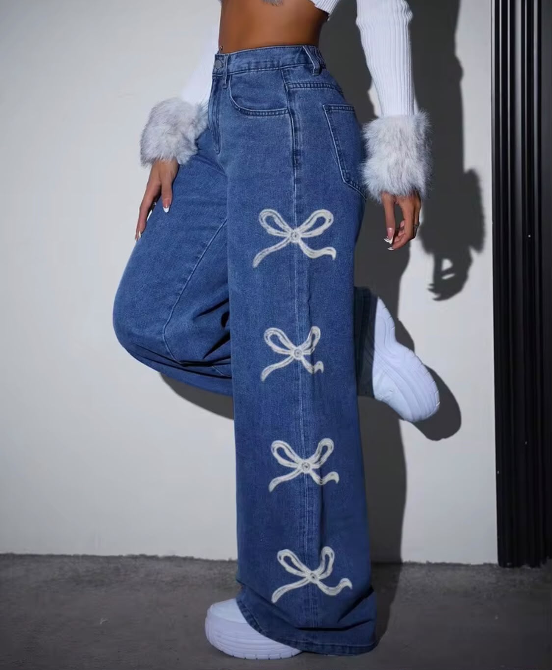*Best Seller*White Bows Printed Blue Jeans