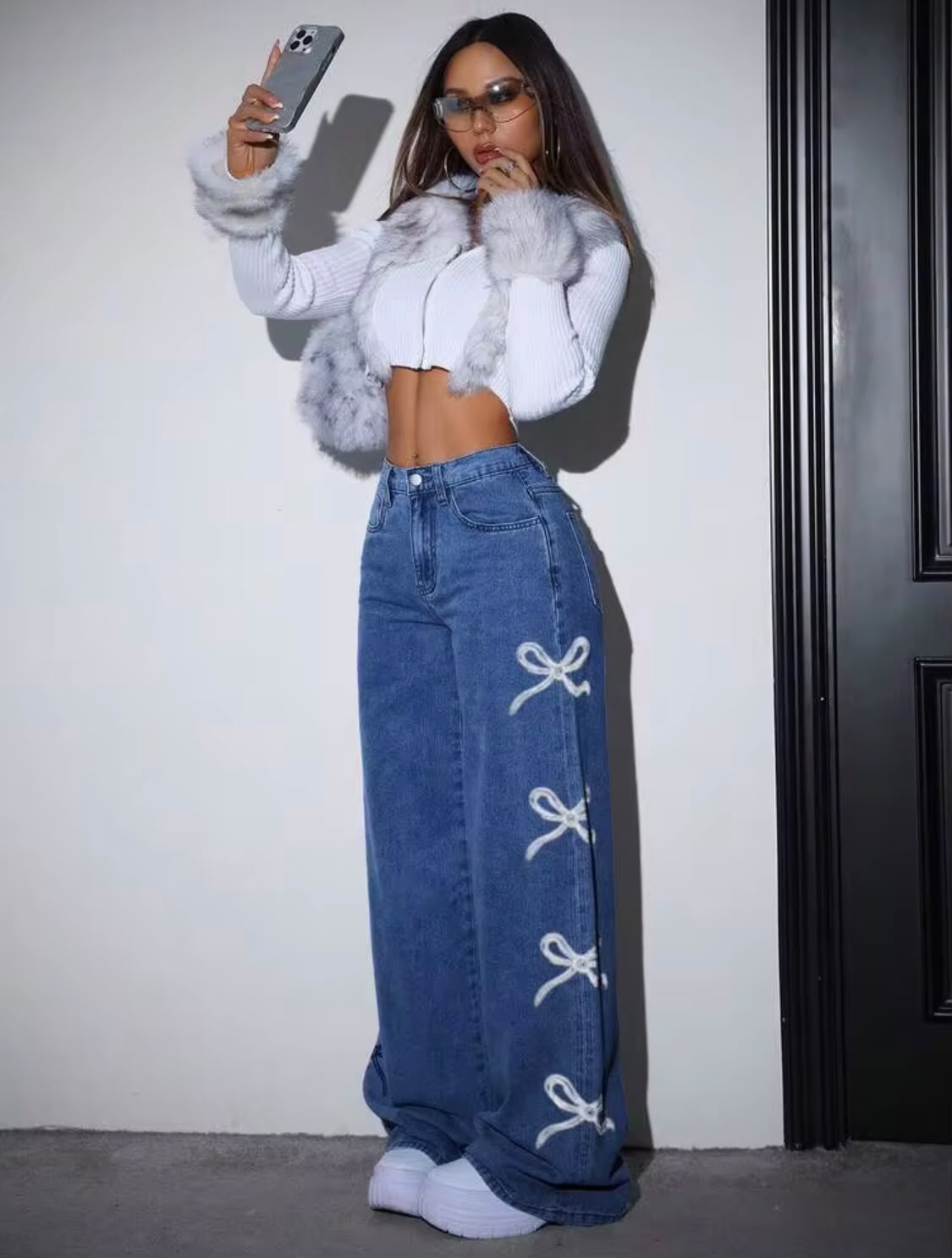 *Best Seller*White Bows Printed Blue Jeans