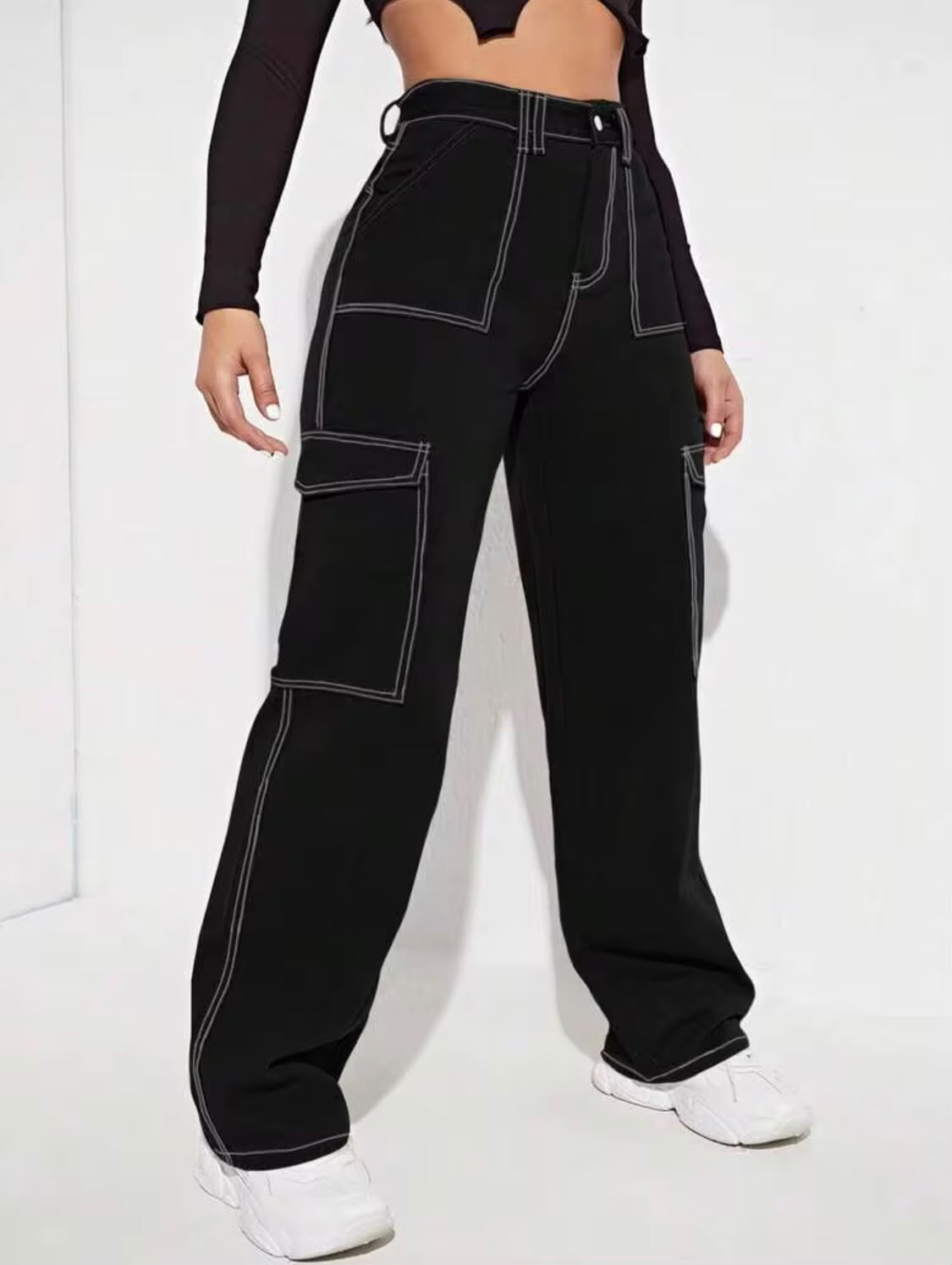 "Sparkle" Multipocket Thread Black Cargo Pant