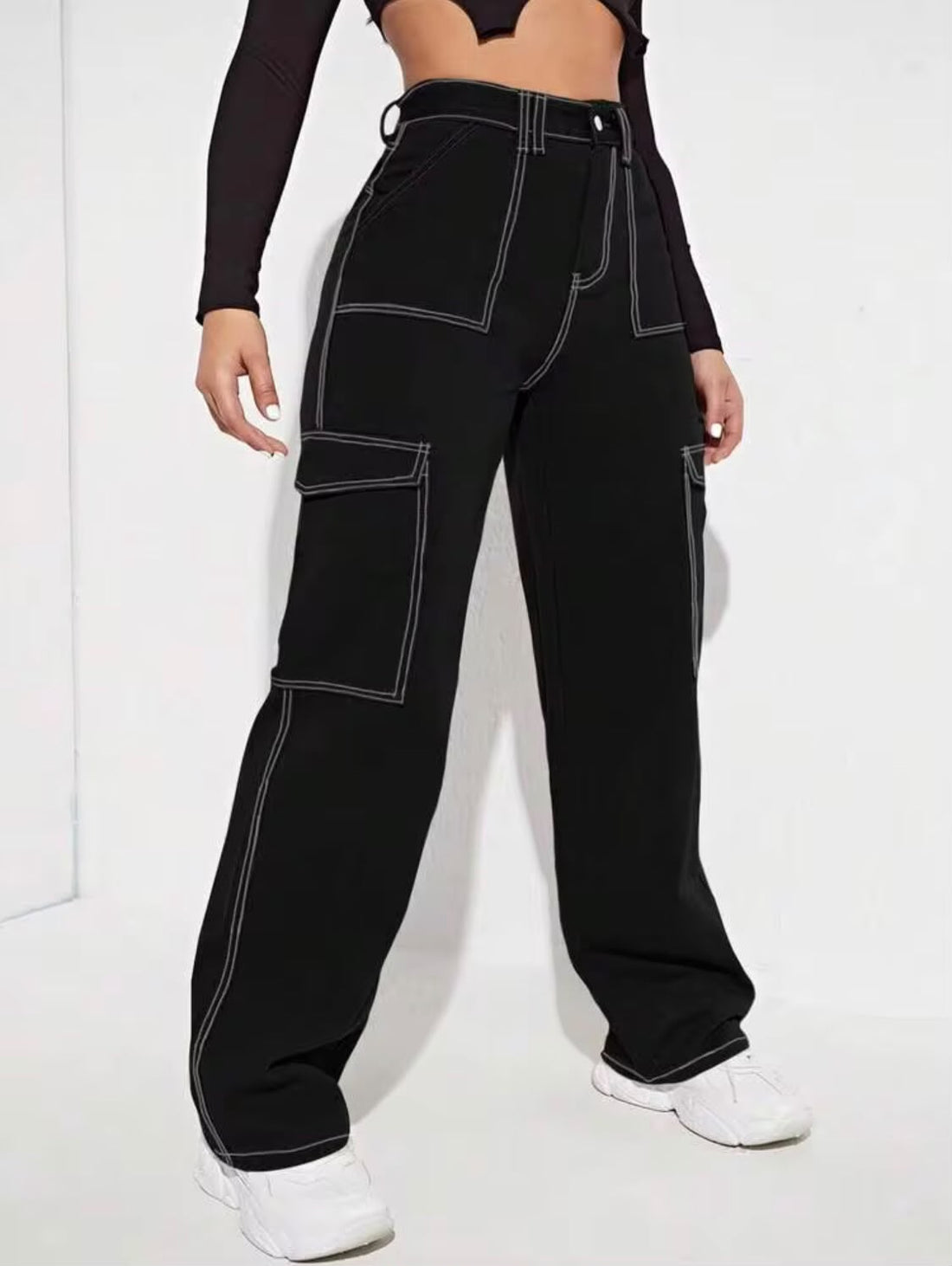 "Sparkle" Multipocket Thread Black Cargo Pant