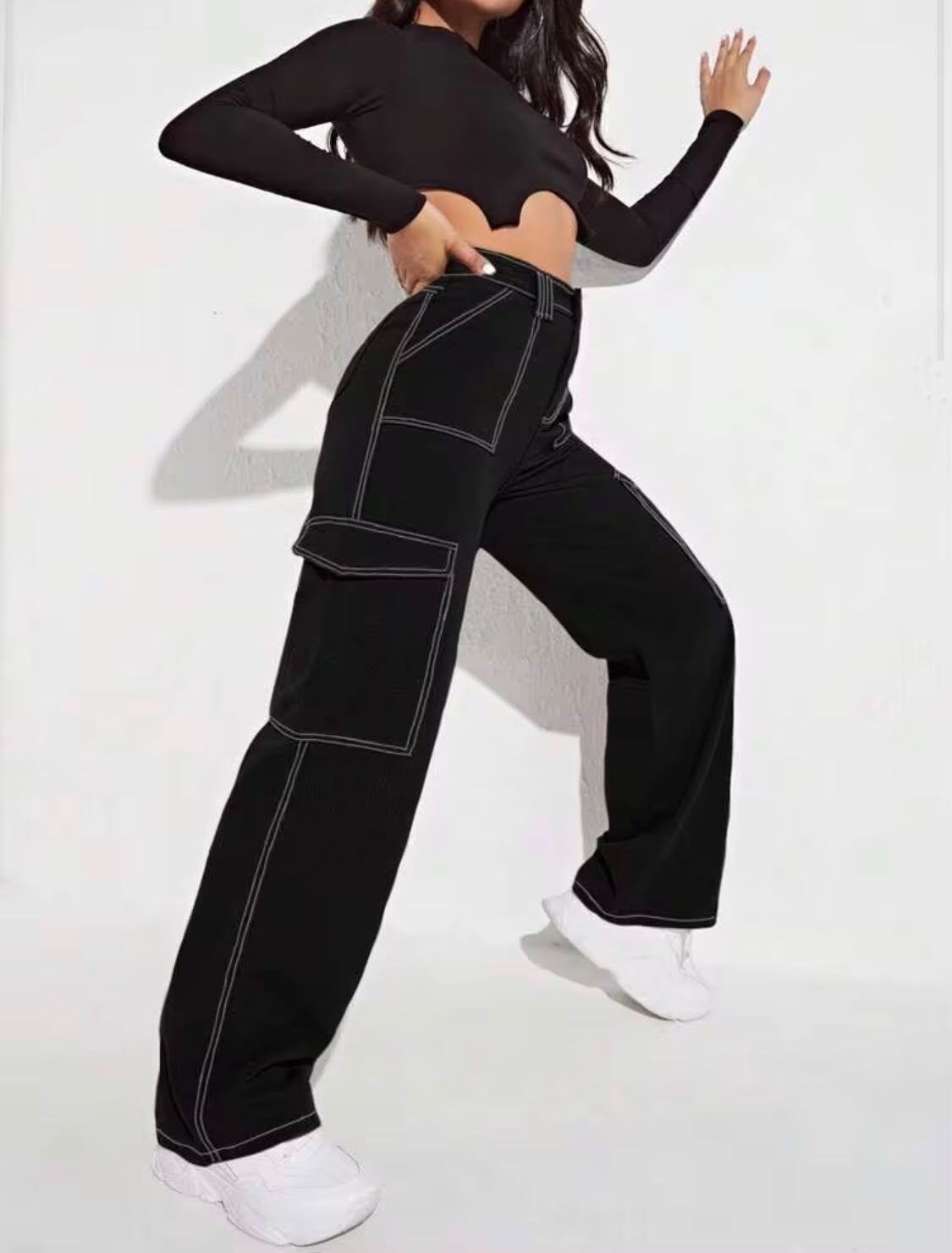 "Sparkle" Multipocket Thread Black Cargo Pant
