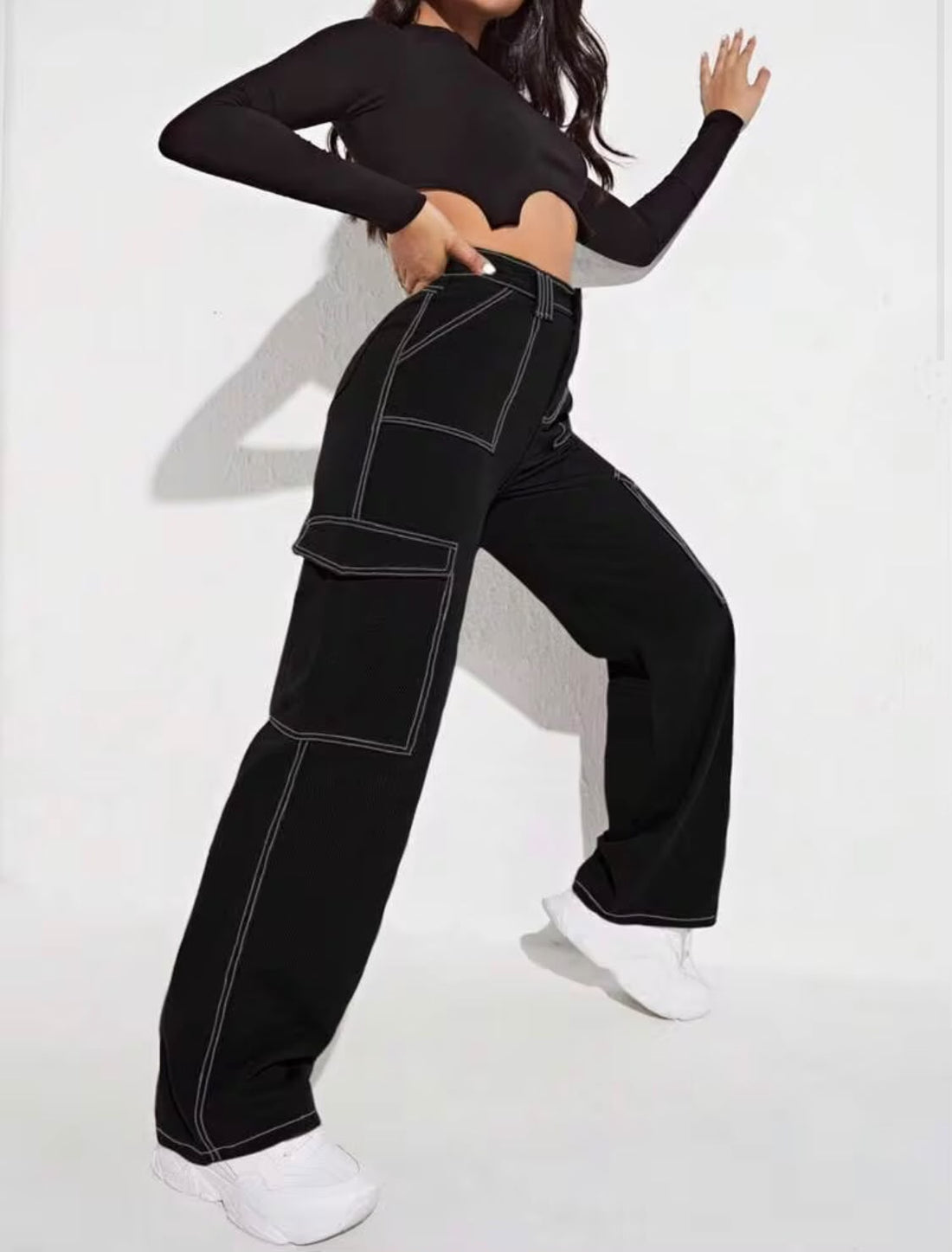 "Sparkle" Multipocket Thread Black Cargo Pant