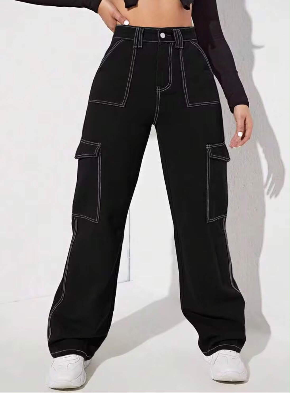 "Sparkle" Multipocket Thread Black Cargo Pant