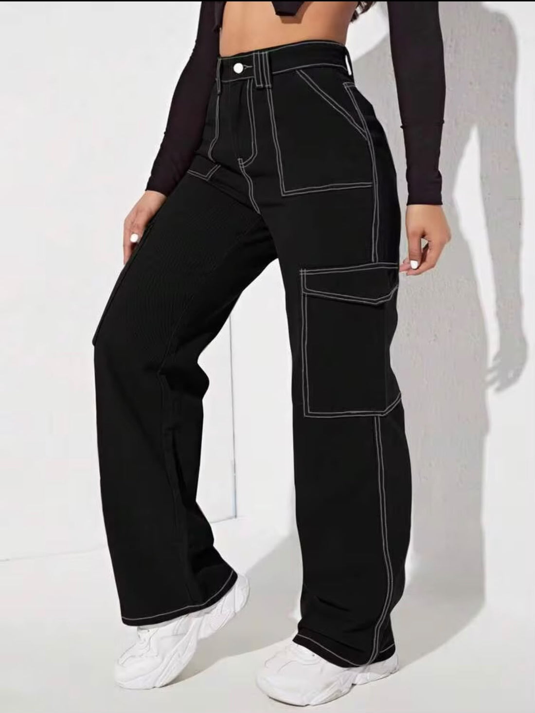 "Sparkle" Multipocket Thread Black Cargo Pant