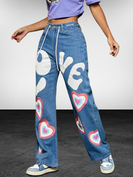 *Best Seller*LOVE Printed Wide Leg Black Jeans