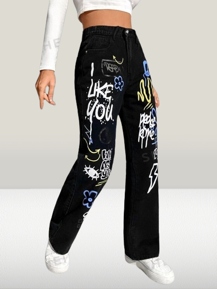 *Best Seller*Mix Printed Wide Leg Black Jeans