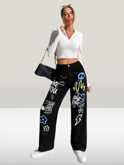 *Best Seller*Mix Printed Wide Leg Black Jeans
