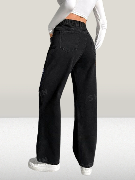 *Best Seller*Mix Printed Wide Leg Black Jeans