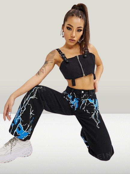 *Best Seller*Thunders Printed Wide Leg Black Jeans