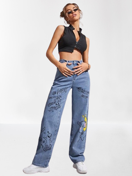 *Best Seller*Writing Printed Wide Leg Blue Jeans