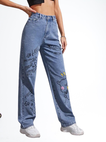 *Best Seller*Writing Printed Wide Leg Blue Jeans