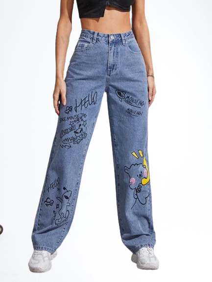 *Best Seller*Writing Printed Wide Leg Blue Jeans