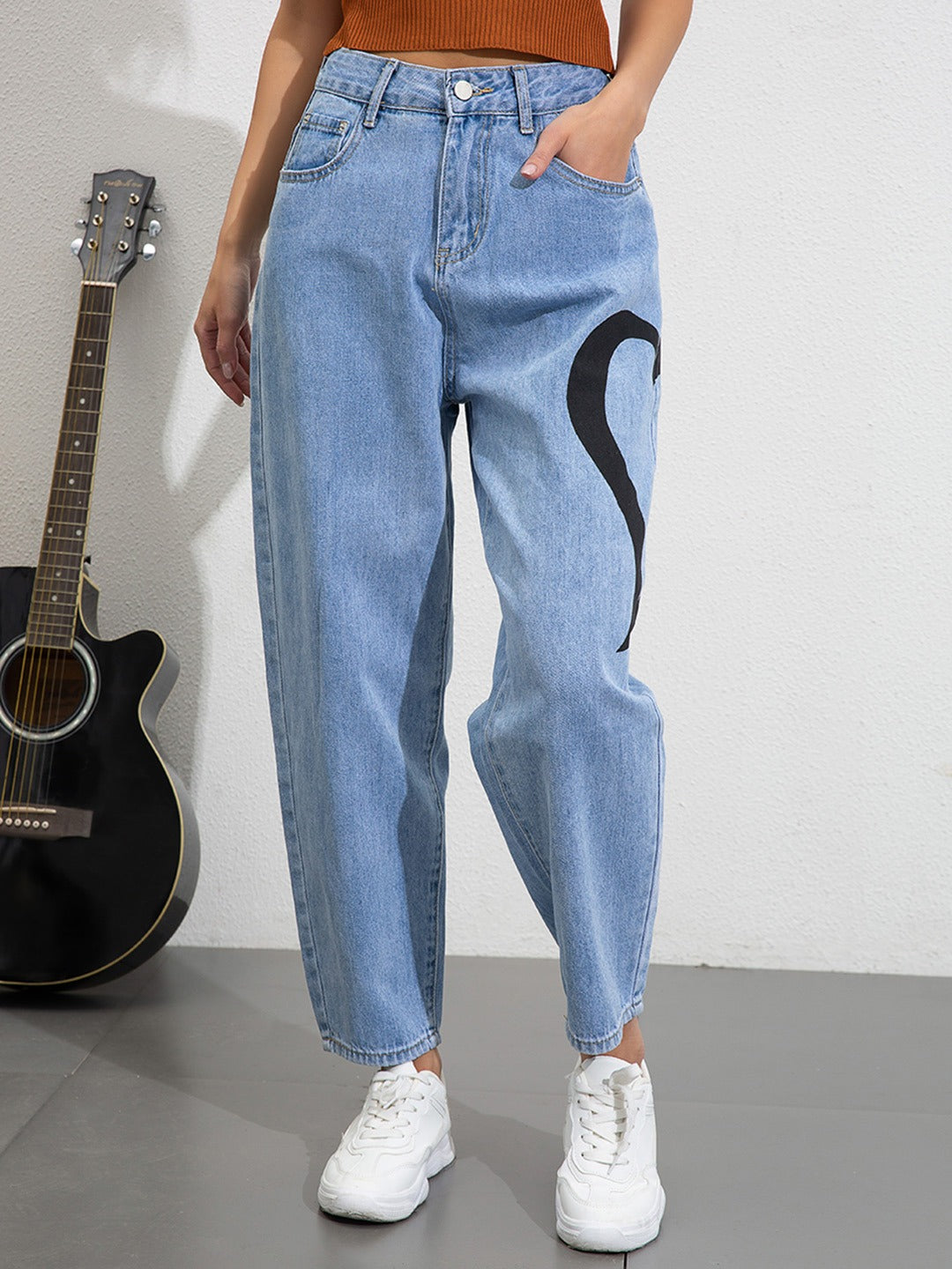 *Best Seller*Black Heart Printed Wide Leg High Waist Jeans
