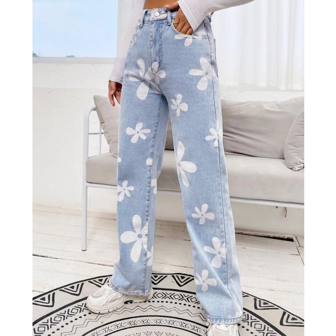 *Best Seller*Floral Printed Wide Leg High Waist Jeans