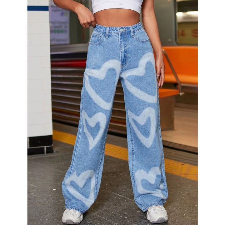 *Best Seller*Heart Printed Wide Leg Light Blue Jeans
