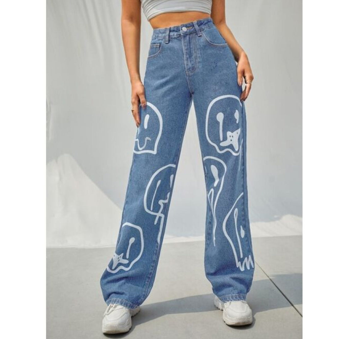 *Best Seller*Smiley Printed Wide Leg Light Blue Jeans