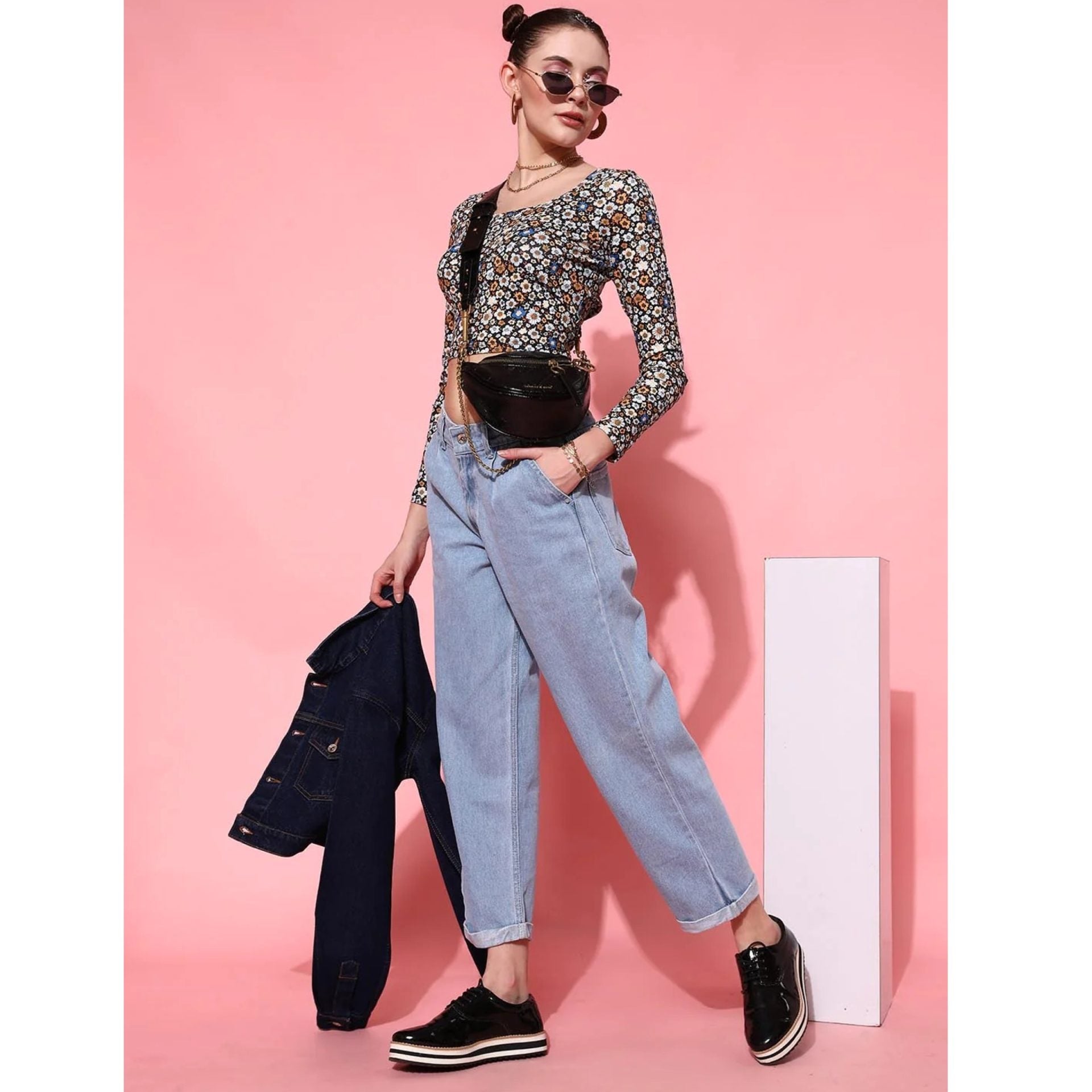 Light Blue Folded High Waist Jeans