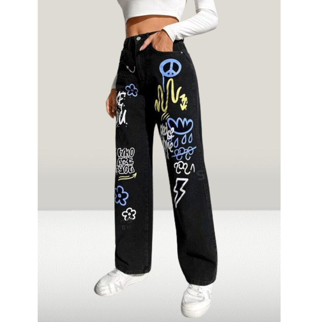 *Best Seller*Mix Printed Wide Leg Black Jeans
