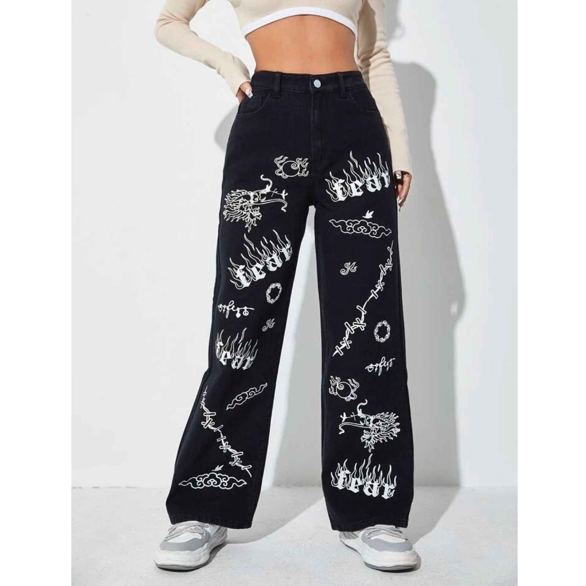 *Best Seller*Mix Printed Wide Leg Black Jeans