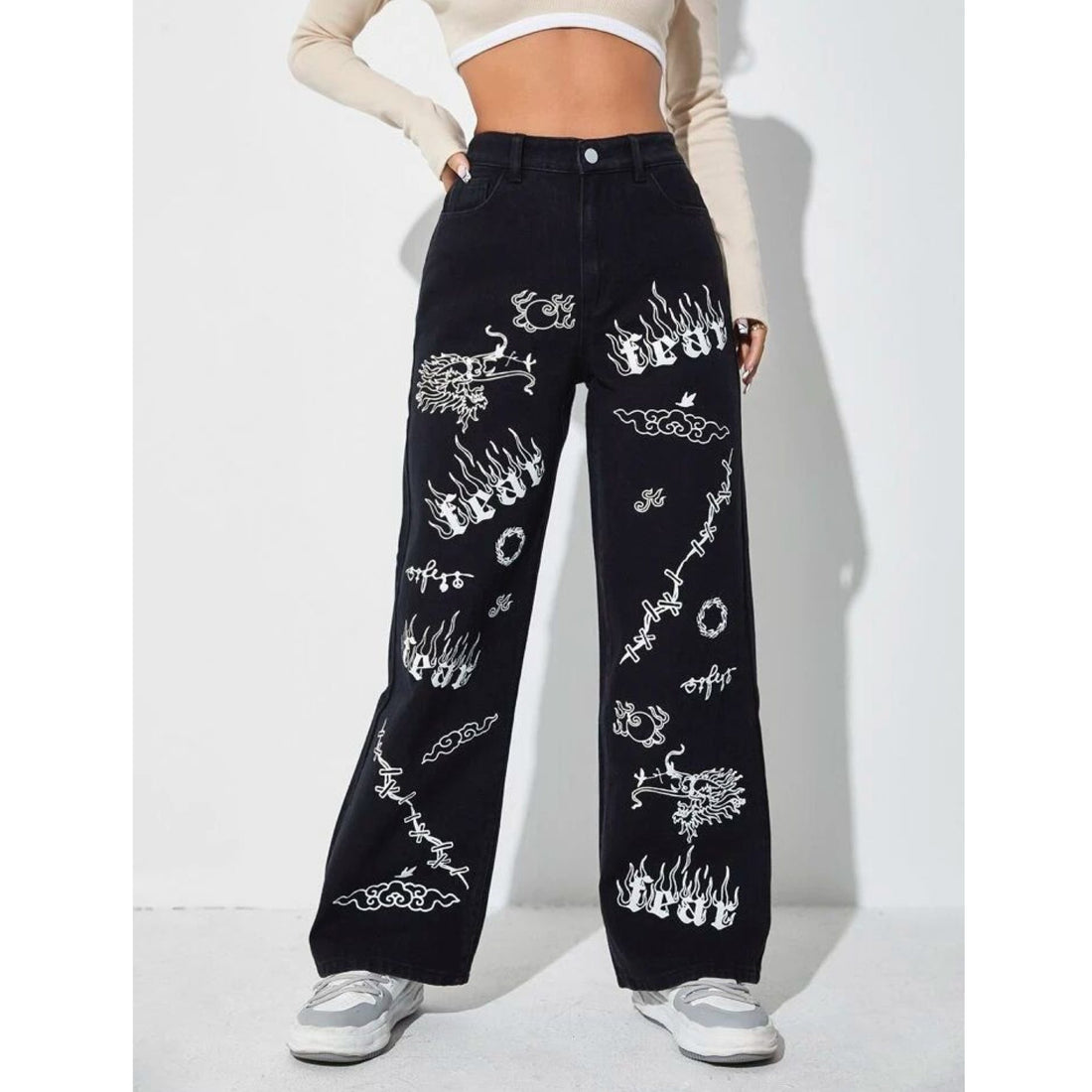 *Best Seller*Mix Printed Wide Leg Black Jeans